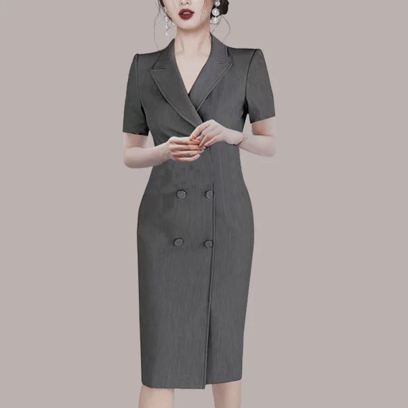 

Женское платье с коротким рукавом, двубортное облегающее платье-карандаш до колена, офисное платье с отложным воротником, лето 2023