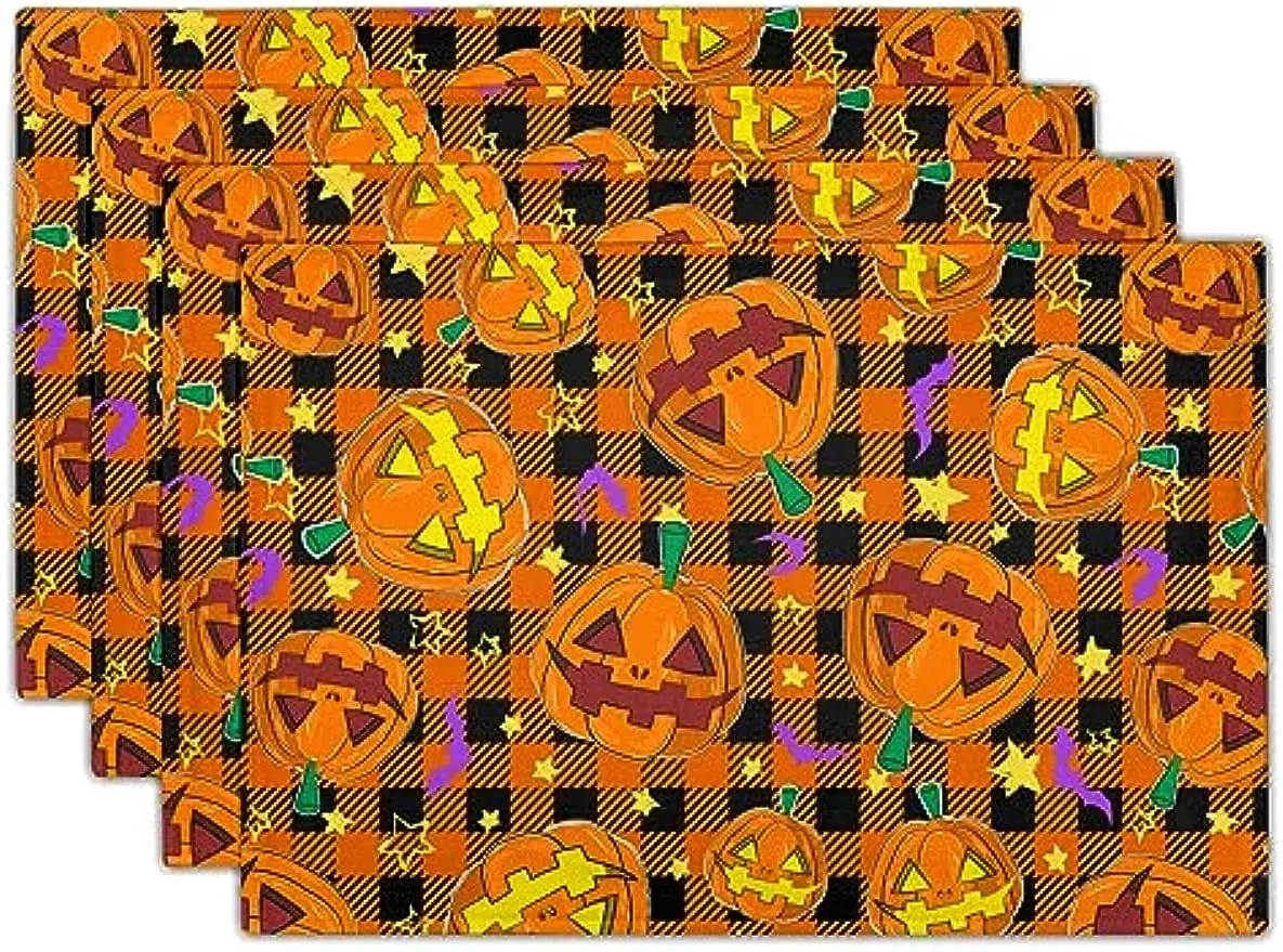 

Halloween Placemats Set of 4 Pumpkin Bats Table Place Mats Orange Black Plaids for Kitchen Dining Table Holiday Decor 12x18in