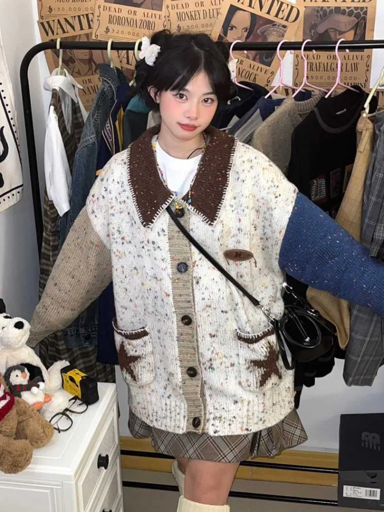 

HOUZHOU Harajuku Vintage Patchwork Knitted Cardigan American Retro Casual Star Print Loose Sweater Soft Girl Preppy Style 2023