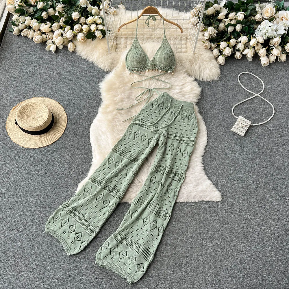 

Women New Fashion Summer Halter Lace Up Short Tops + Loose High Waist Thin Wide Leg Trousers Two Piece Sets E703