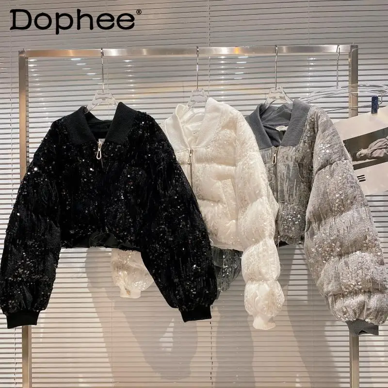 

Clubwear Velvet Gradient Sequin Jacket Cotton-Padded Coat Female Thickened Warm Short Puffer Jacket Women 2022 New Winter Parkas
