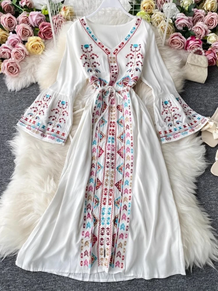 

Solid Vintage Casual Boho Midi Summer Dresses Women Fashion A-Line Elegant Chic Party Robe Female One Pieces Vestidos Mujers