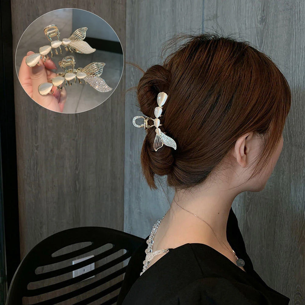 

New Pearl Fishtail Hair Claw Opal Inlaid With Diamond Hair Clip Rhinestone Shark Clip Women Girls Ponytail Clip Hair Accessories