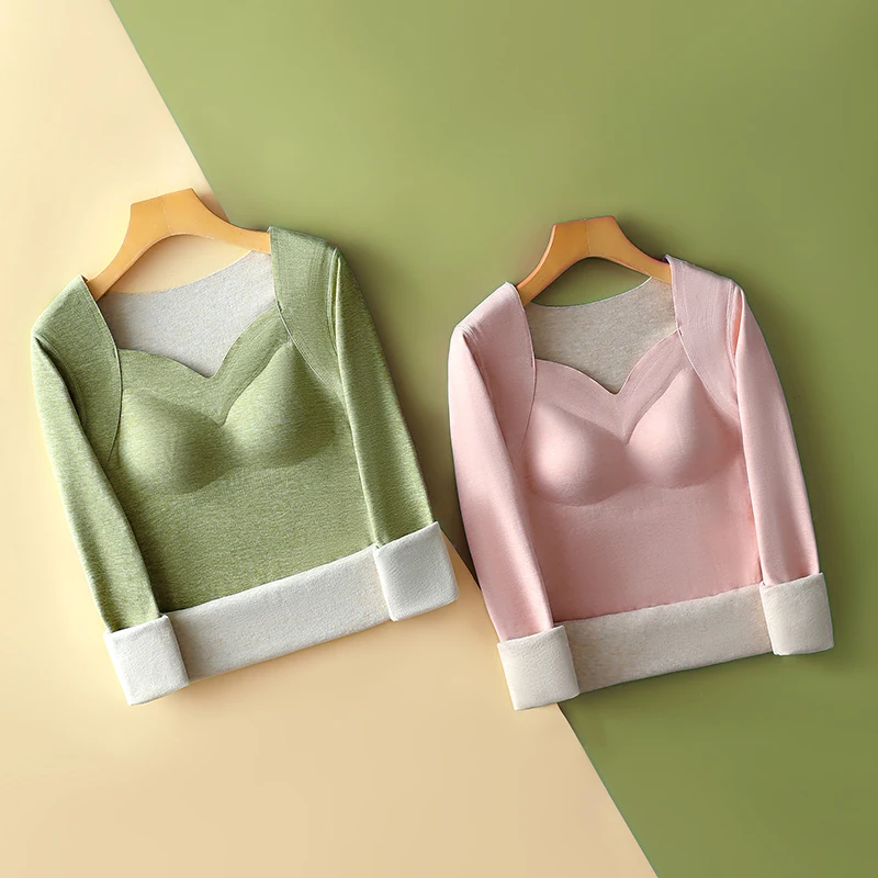 No Trace Velvet Thermal Long Sleeve Women Underwear Plus Bottoming Shirt Tops Woman Thick Autumn Winter Clothes Chest Pad