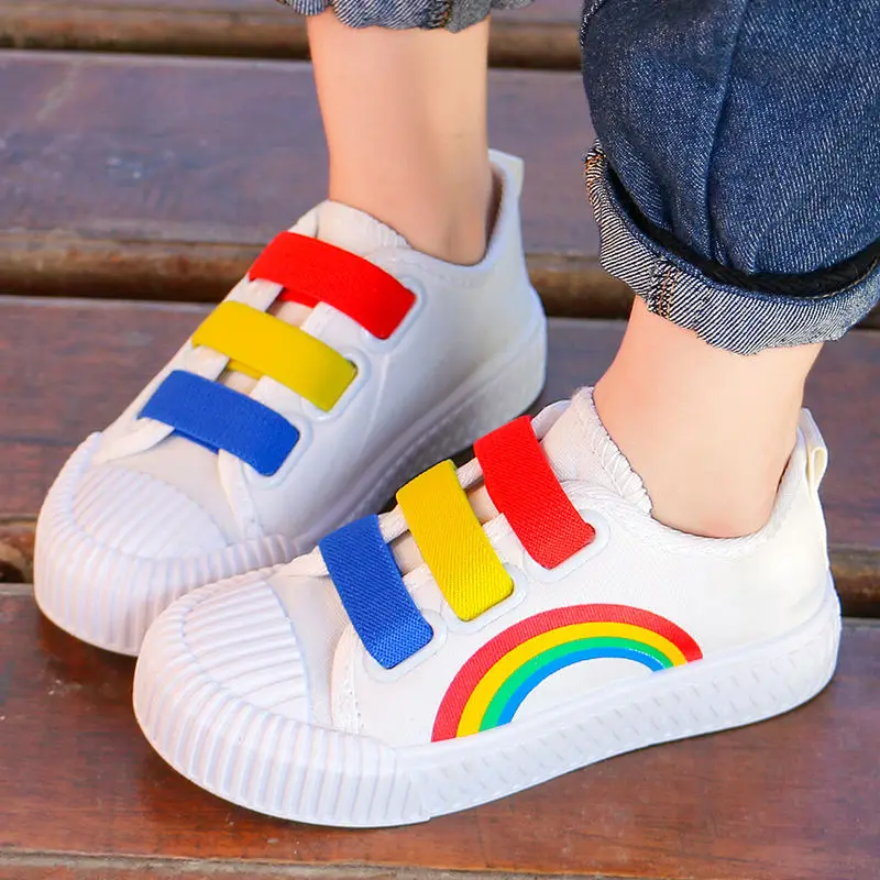White Rainbow Sneakers Kids Shoes 2023 Newly Casual Elastic Band Sport shoes for Girls Canvas Flat Sneaker Shoes