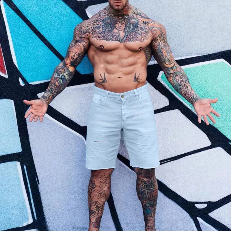 

Men's High Street Ins Hip Hop Hole Washed Denim Five-point Hiphop Pants Raw Shorts