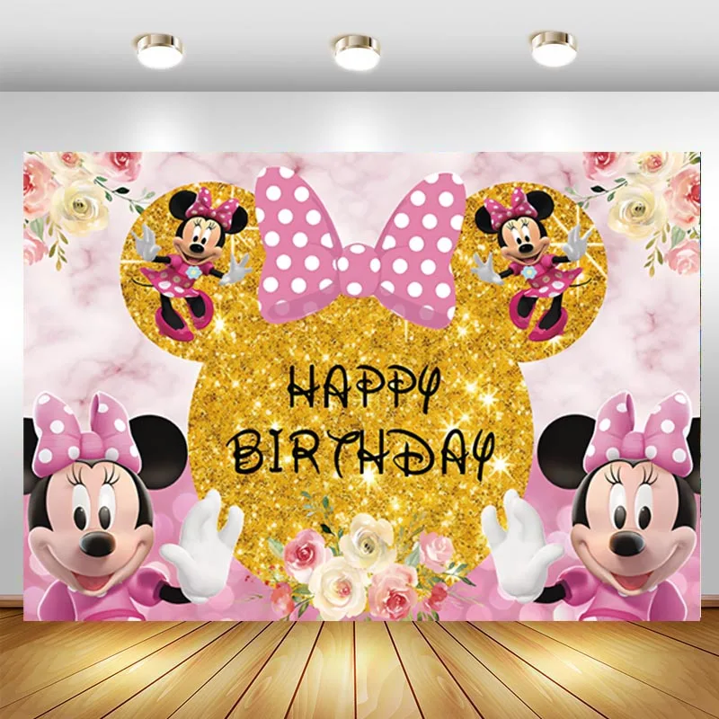 

Disney Minnie Mouse Backdrop Pink Floral Girls Happy Birthday Party Poster Banner Custom Photo Background Wall Cloth Prop
