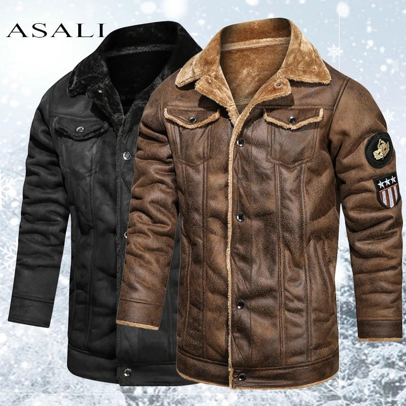 Длинная кожаная куртка Мужская Флисовая овчина модель Бомбер бархатная