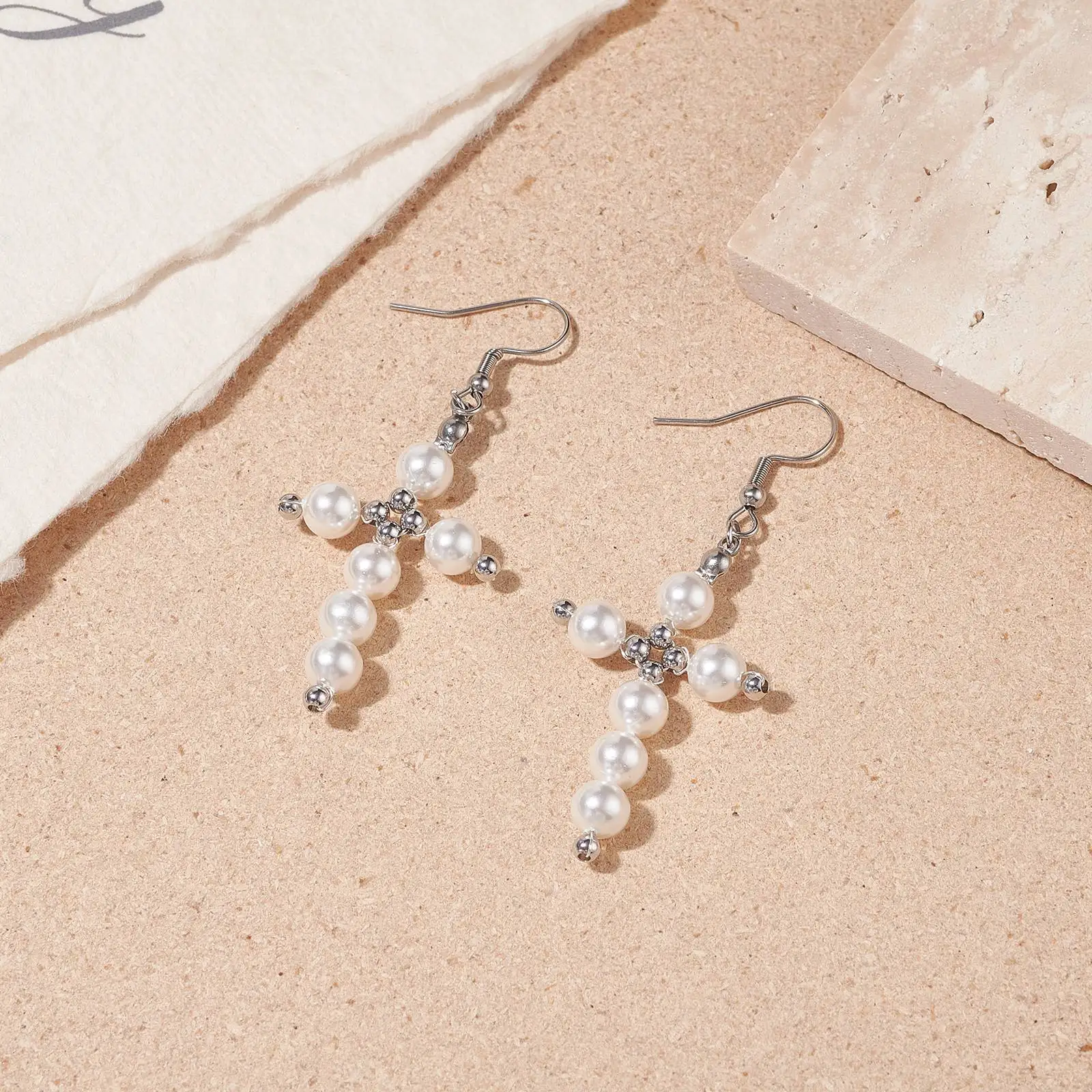 Kissitty 10Pairs Shell Pearl Brass Beaded Cross Dangle Earrings Stainless Steel Wire Wrap Drop Earrings for Women Jewelry Gift