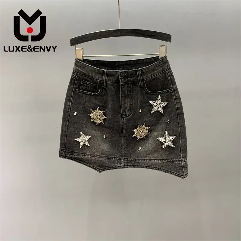 

LUXE&ENVY Diamond Studded Denim For Women's New 2023 Summer Irregular High Waist Slim Fitting A-line Buttocks Short Skirt