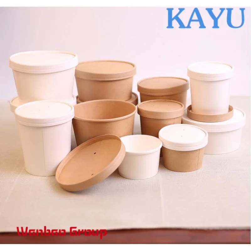 ECO Disposable Kraft Paper Soup Cup Bowl with Paper lid  take away lunch packing takeout food packaging bucket