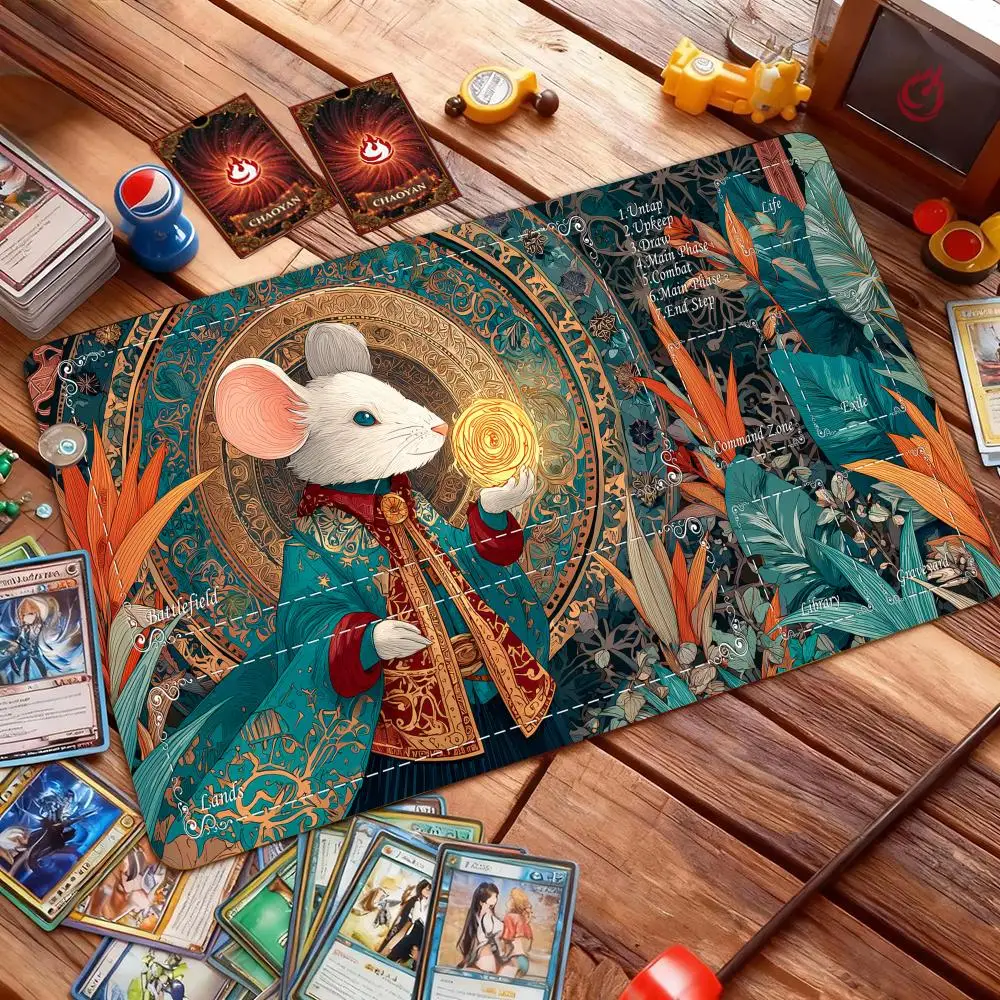 Фото Игровой коврик для карточных игр Magic: The Gathering (MTG) с рунами и изображением колдуна-крысины, противоскользящая основа, 35x60 см, для TCG №2
