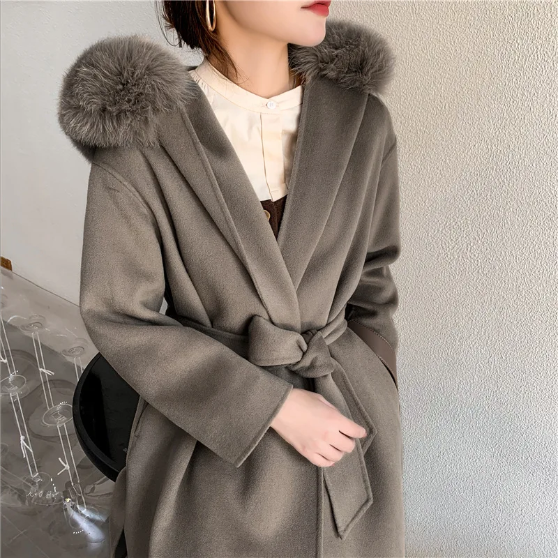 New Winter Women Real Fur Coat 100% Cashmere Jacket Long Natural Fox Fur Collar Fashion Streetwear Female Overcoat