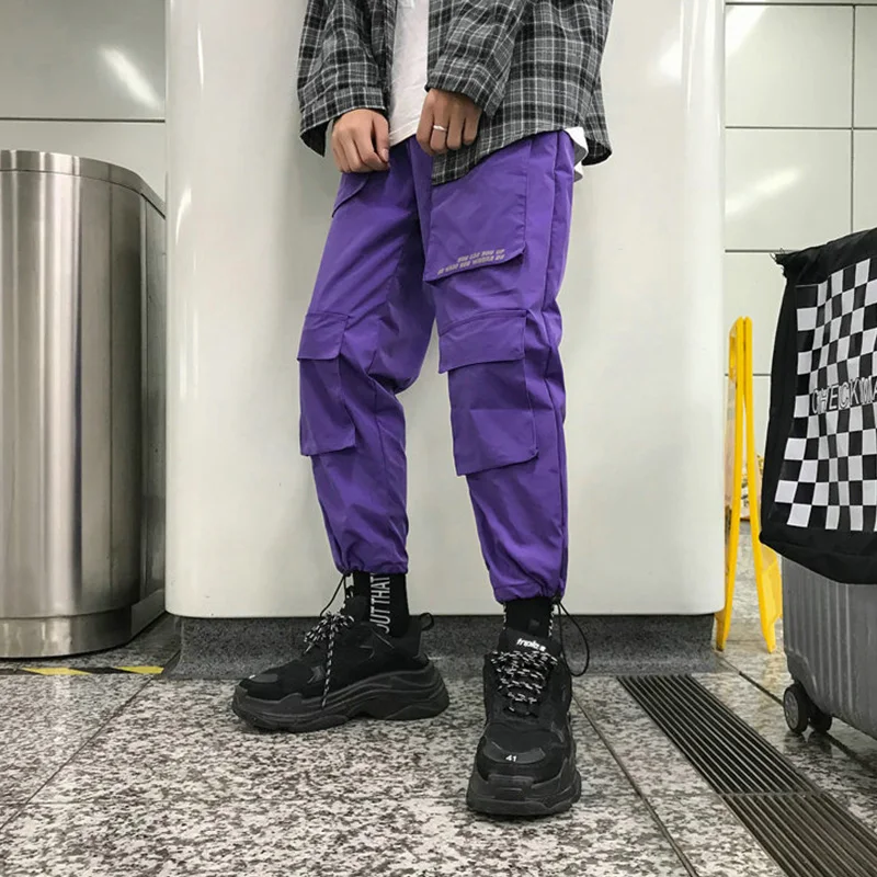 Purple Men Cargo Pants Spring Loose Hip Hop Joggers Trousers Pockets Overalls Fashion Student Sweatpants Korean Male Streetwear