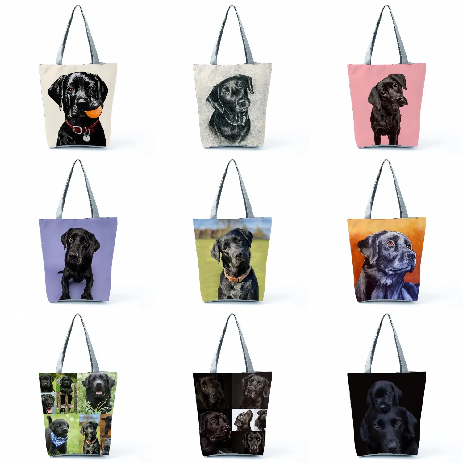 

Cute Animal Eco Reusable Totes Black Labrador Handbags Outdoor Travel Women Shoulder Bags Foldable Custom Dog Print Shopping Bag