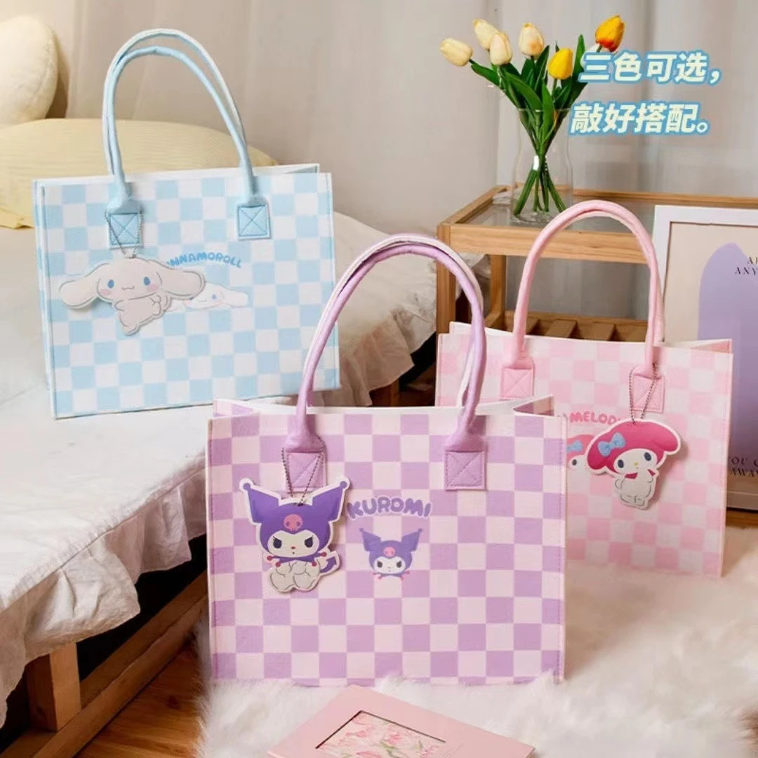 

Felt Bag Sanrio Kuromi Large Capacity Cute Plush Cartoon Plaid Women's Style Versatile My Melody Diagonal Bag Handbag Girl Gift