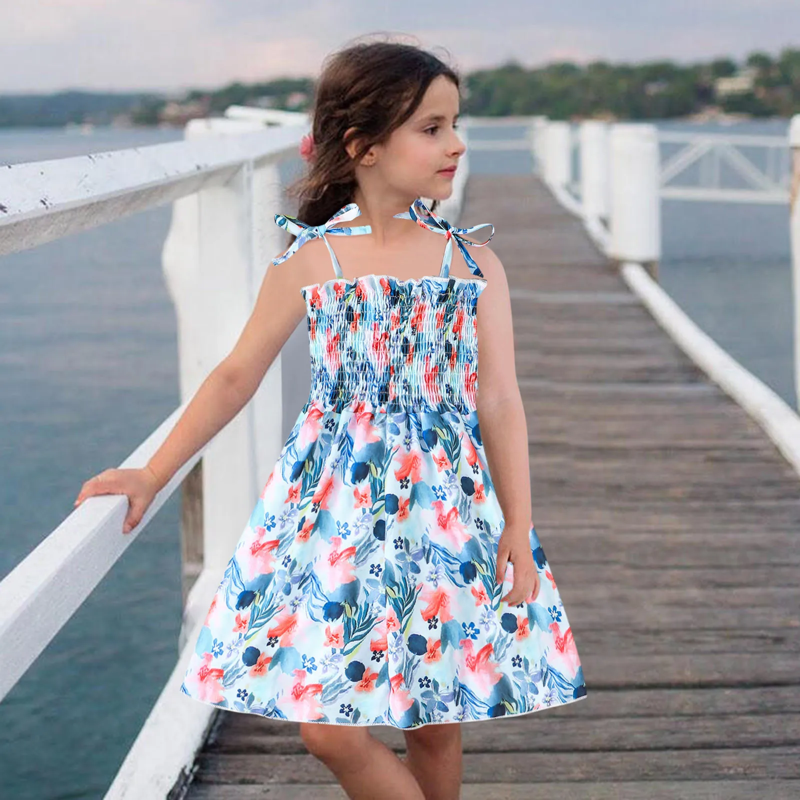 

Toddler Girls Sleeveless Beach Dresses Kids Floral Printed Princess Dress Clothes 2 Bunnies Flower Girl Dress