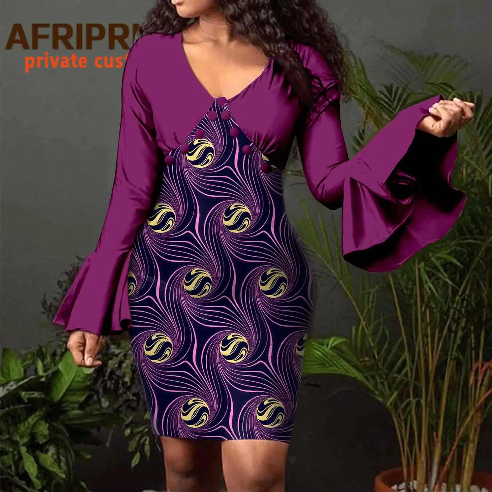 Women`s Fashion Bodycon Dress African Ankara Print High Waist Flare Sleeve Pure Cotton Casual Outfits Wax Attire Sexy A2125001