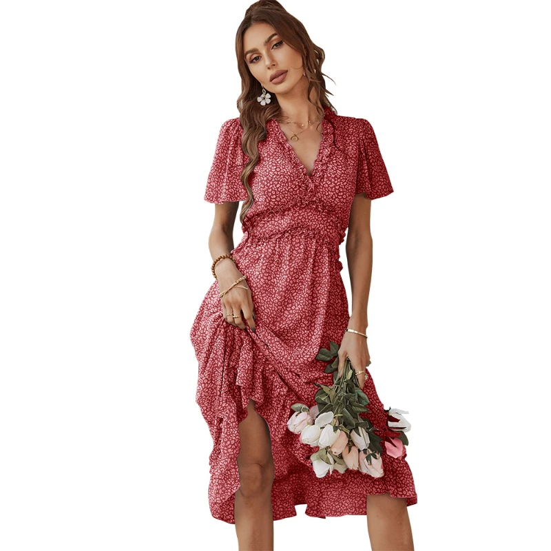 

Short Sleeve Print Dress Women Beach Casual Sexy Ruffled V-neck Mid-length Dress Summer Holiday Temperament Large Swing Skirt