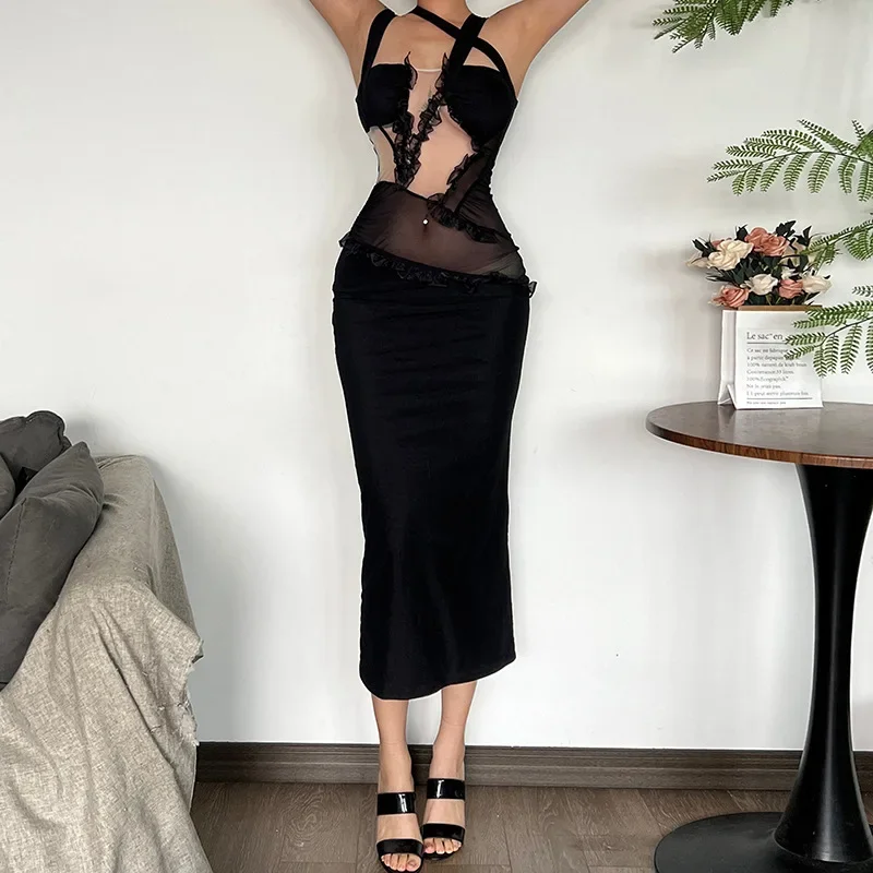 Сексуальное сетчатое платье с открытой спиной инкрустированное полое