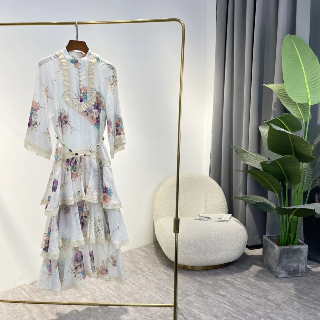 

Vintage Linen Dresses 2022 Summer New Arrival High Quality Pleat Lace Patchwork Loose Style Women Clothing