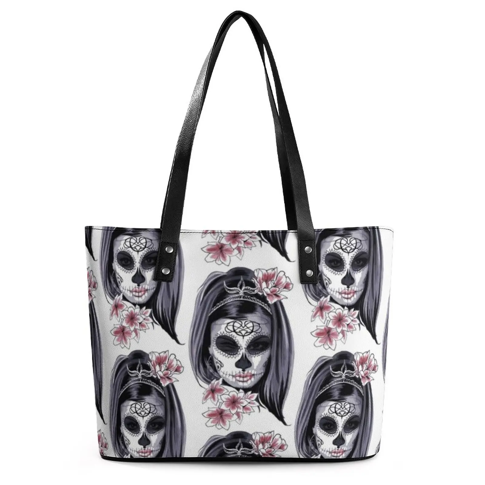 

Woman Head Mask Handbags Skulls With Flowers Print Top-Handle Tote Bag Retro Shoulder Bag Ladies Grocery Designer Shopper Bags