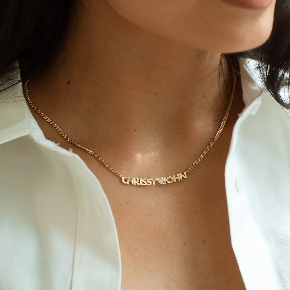

Customizable Double Name Necklace With Love Fashion Generosity Cuban Chain Name Pendant Necklace For Birthday Gift Friendship