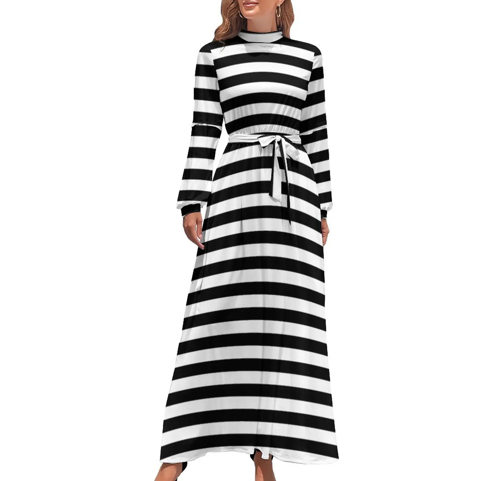 

Classic Striped Vintage Dress Horizontal Black Stripes Street Wear Beach Dresses Long Sleeve High Waist Kawaii Long Maxi Dress