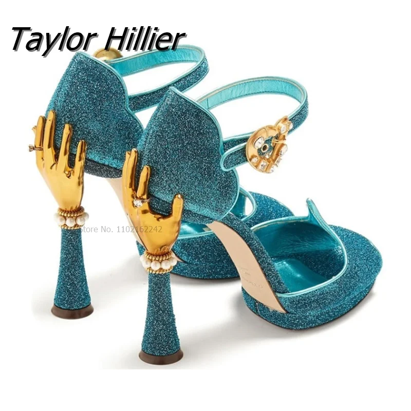 

Blue Crystal Wedding Shoes Sequined Patchwork Shaped Heel Platform Dress Sandals Size 43 Women Buckle Gladiator Footwear