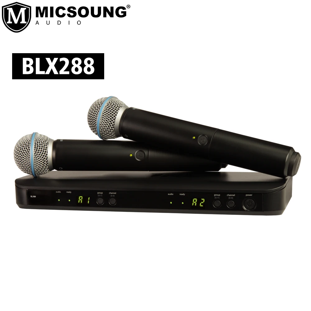 

Professional Mic BLX288/PG58 Wireless Dual Vocal Dynamic Microphone System with Two Handheld Transmitters