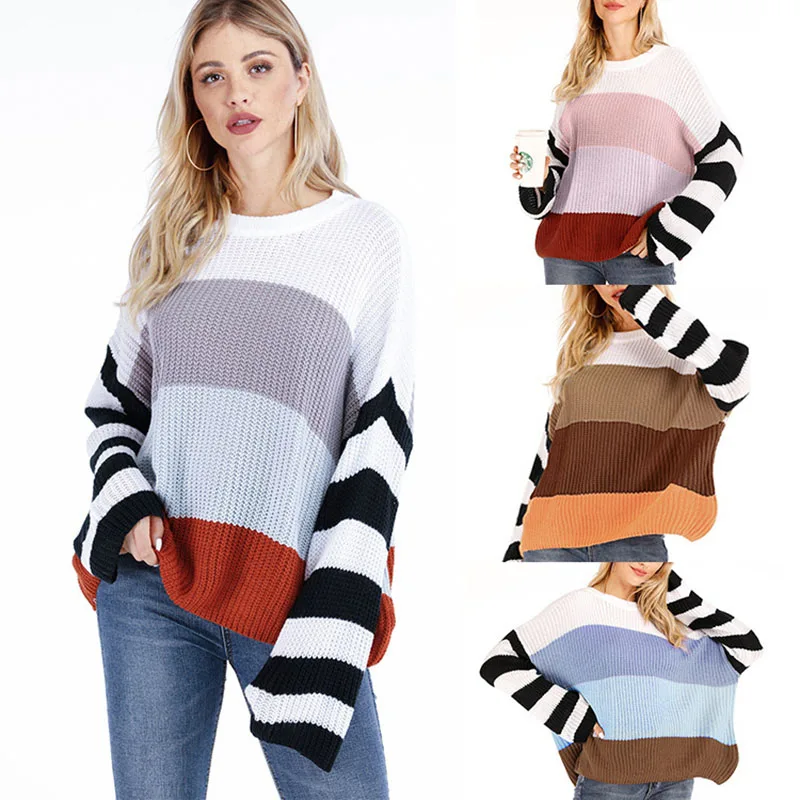 

2022 Autumn Winter Fashion Stripe Patchwork Women's Sweater Casual O Neck Loose Long Sleeve Knitt Ladies Pullover Sweaters Tops