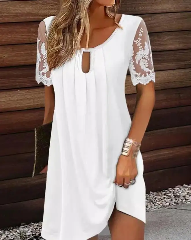

Fashion New Crochet Lace Casual Dress for Summer Ladies Keyhole Neck Half Sleeve Design Women's Plain Midi Straight Dresses