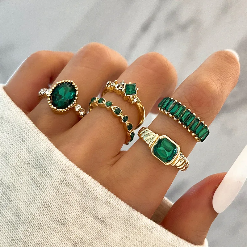 

(5 PACK) RINGS SET Emerald Green Gem Stone Vintage Green And Gold Ring Pack Stackable Boho Bohemia Cowgirl Crystal Accessories