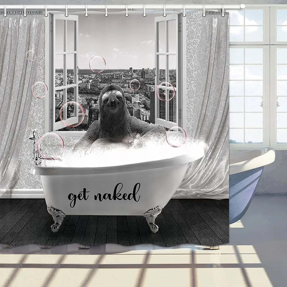 

Get Naked Fabric Shower Curtain Funny Animals Sloth Taking Bath The Bathtub with Hooks Grey White Bathroom Curtains