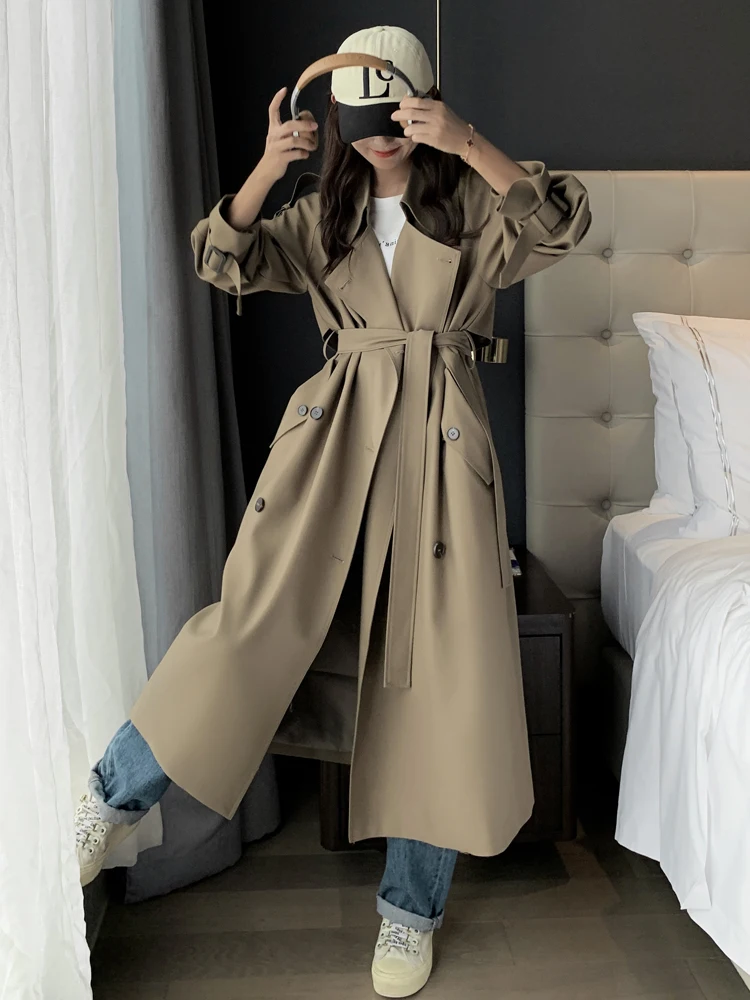 England Style Women's Trench Coat Long Double-Breasted with Belt Unique Button Back Lady Duster Coat Spring Autumn Outerwear