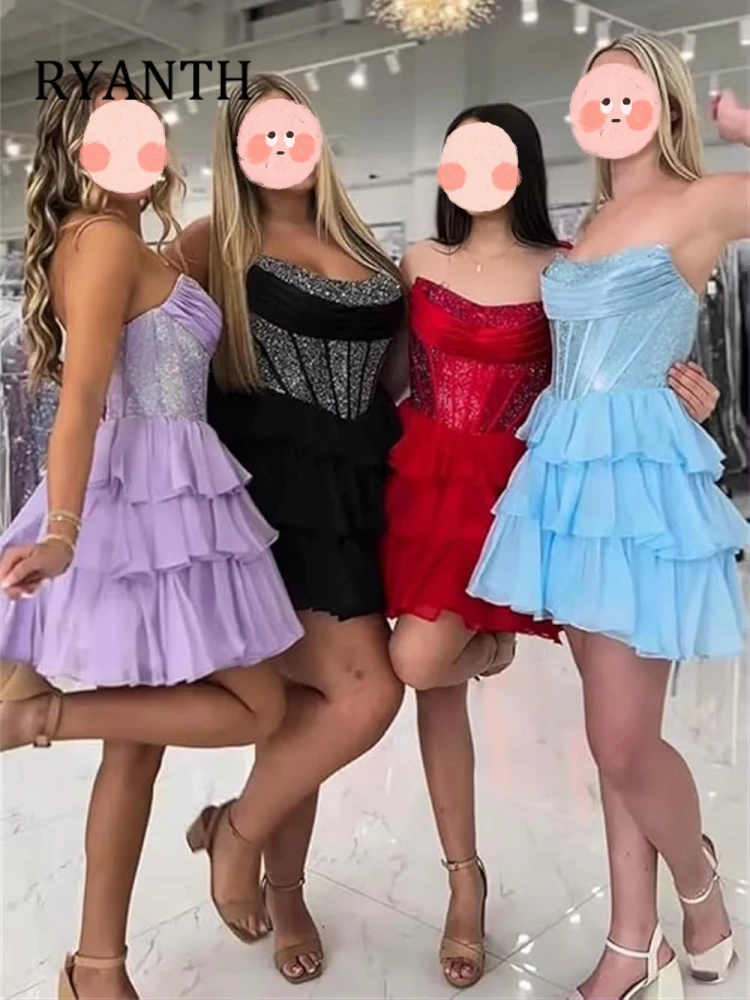 Фото Шифоновые платья RYANTH с пайетками для выпускного вечера, многоярусные коктейльные платья для подростков, корсетное платье без бретелек для выпускного бала, индивидуальный пошив №4