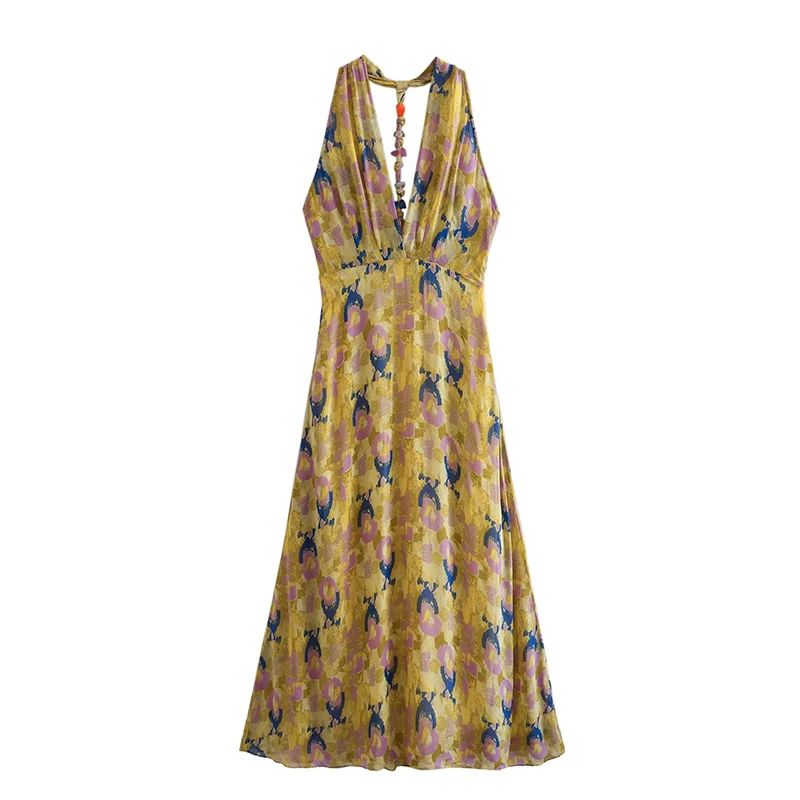 

Женское элегантное платье с принтом, желтое длинное платье с открытой спиной и цветными камнями, шикарная Женская одежда, Новинка лета 2023