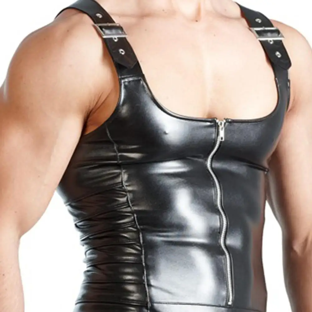 

2022 Men PU Vest Sexy Men Underwear Jumpsuit Shapers Sleeveless Open Crotch Faux Leather Zipper Bodysuit Shorts