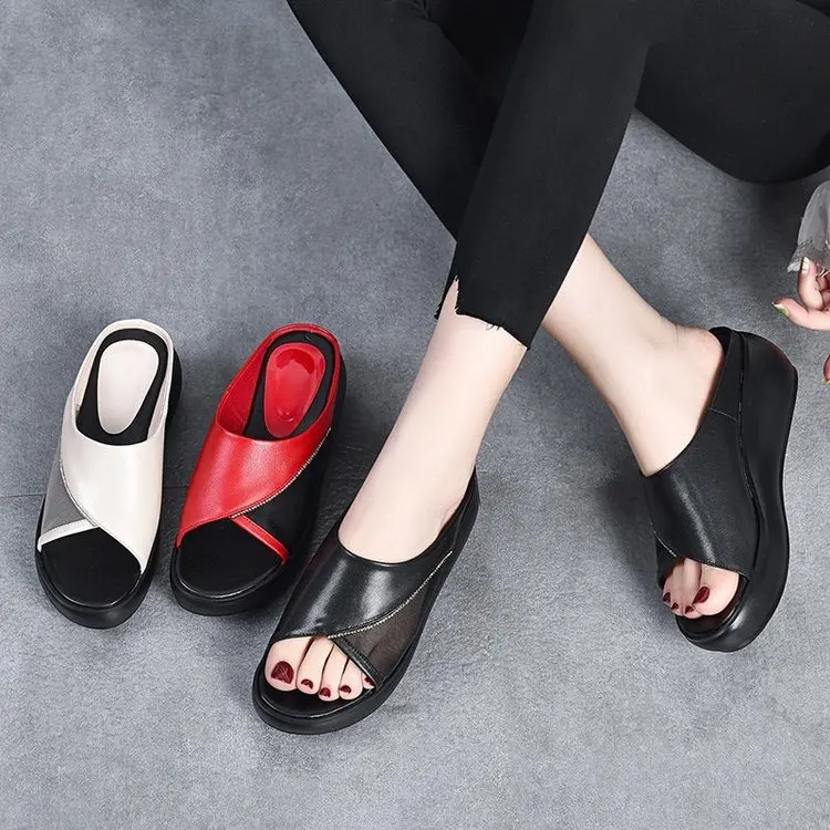 

2022 New Fashion Ladies Mom Slippers Casual Sandals Thick Sole Wedge Heel Shallow Mouth Colorblock Women Sandals Ladies Slippers