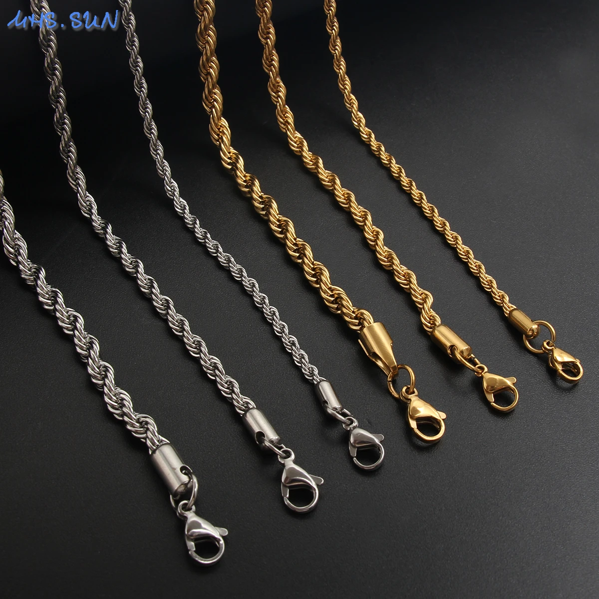 

MHS.SUN Fashion Men's Necklace Gold/Sliver Color 3MM 5MM Stainless Steel Necklace Rope Chain Different Size 45-65CM For Choice