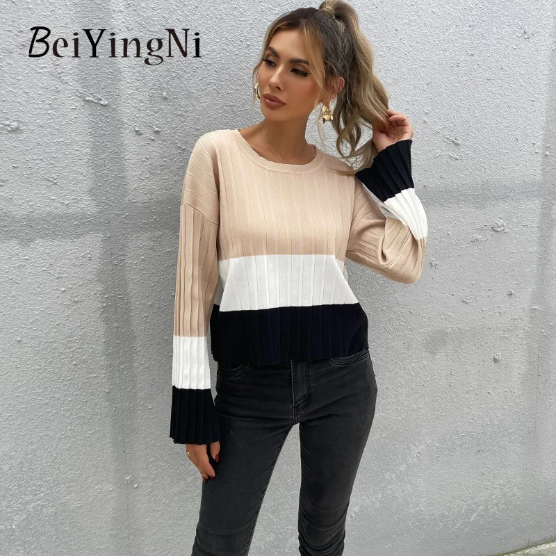 

Beiyingni 2022 Sweater Women O-neck Spell Color Long Sleeve Khaki Fashion Female Pullover Fashion Casual Loose Streetwear Jumper