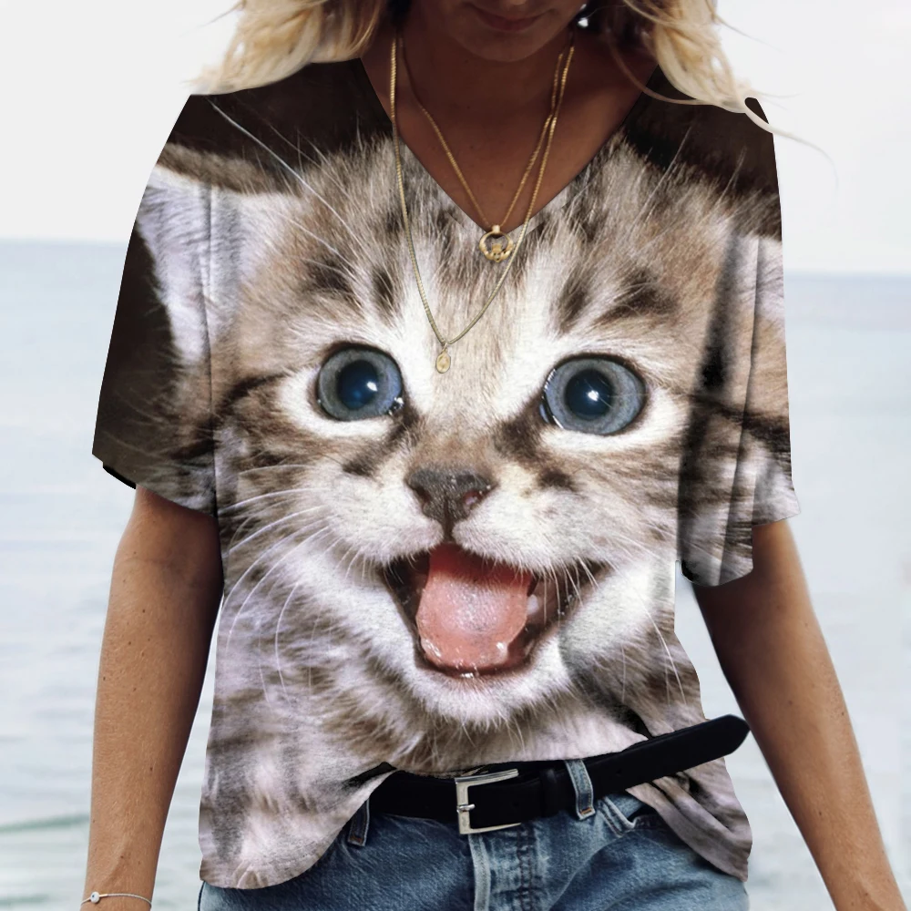 Summer Women's T-shirt Kitty Print Funny Cute Cat Pattern Short Sleeve Personalized Creative Casual Tees Street Woman Clothing
