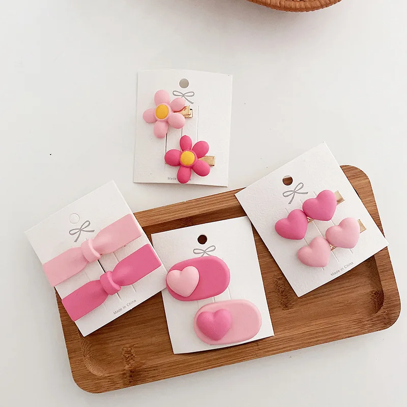 

2 Pcs/Set Baby Girl Cute Pink Cartoon Love Flower Ornament Hair Clips Children Lovely Bow Hairpins Kids Hair Accessories Gifts