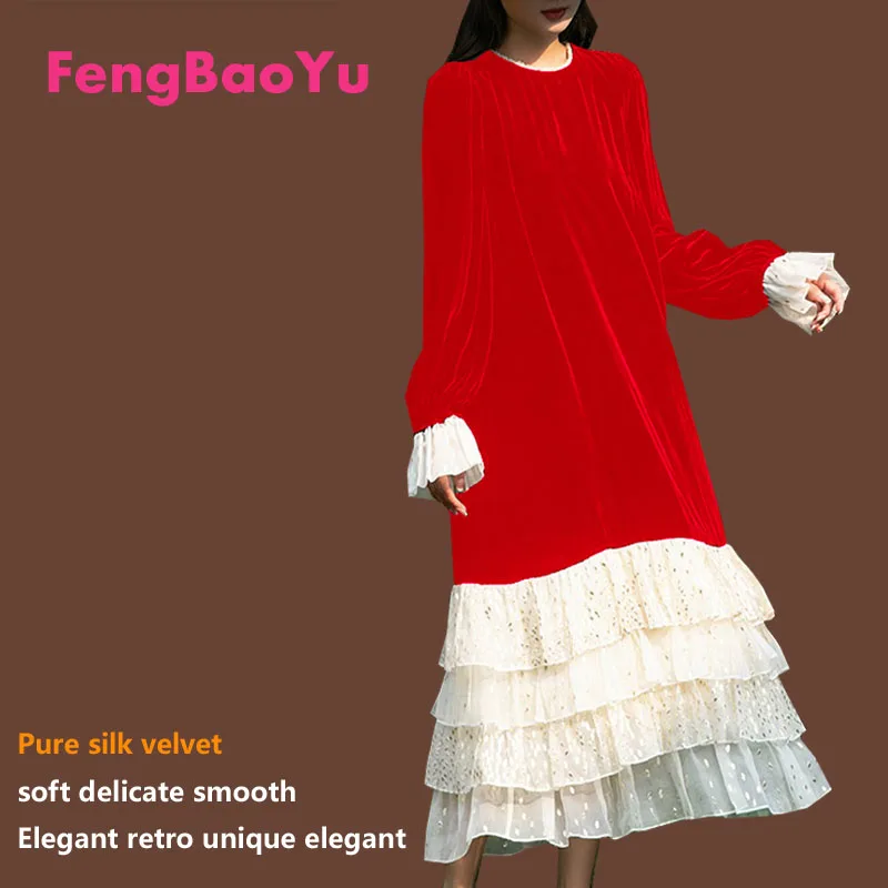 Fengbaoyu Silk Velvet Spring  Autumn Lady Lotus Leaf Long-sleeved Round-necked Dress with Lace Edge Medium Length Free Shipping