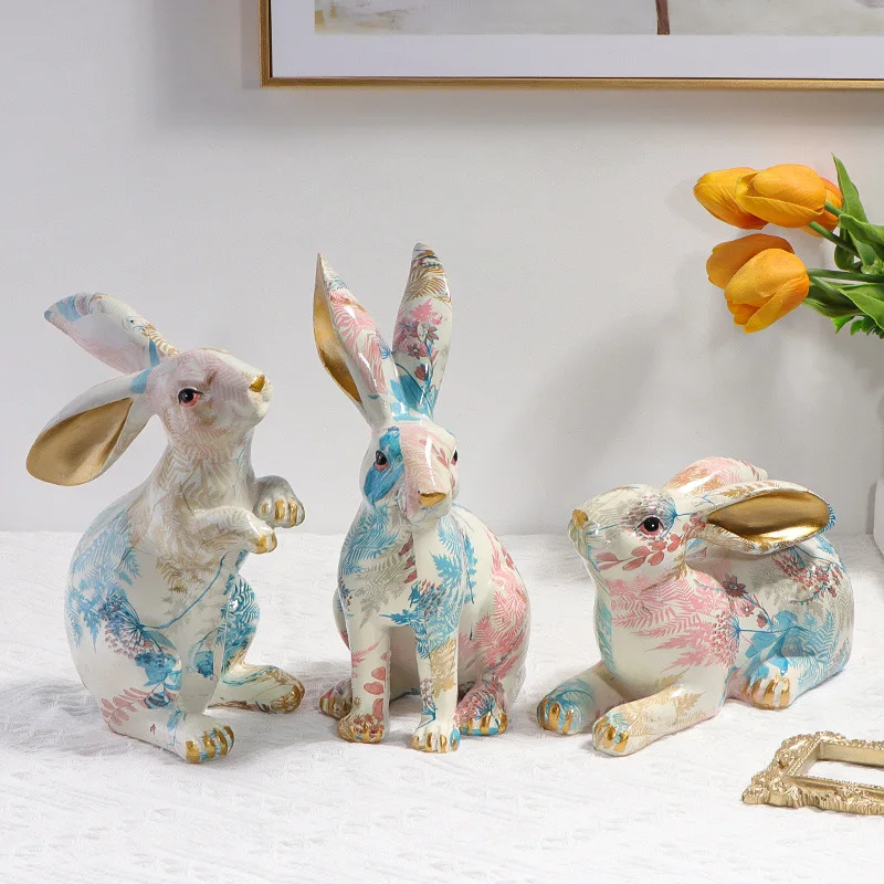 

Nordic Water Transfer Printing Rabbit Statue Colorful Resin Animal Bunny Craft Sculpture Kids Gifts Easter Decoration for Home