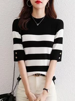 new striped sweater summer thin button up top women clothes black ladies knitted tops short sleeve pullover sweater mujer 2022