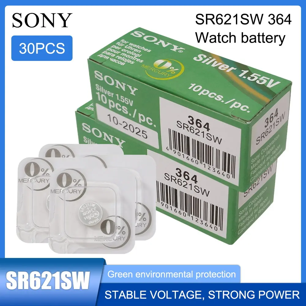 

30 шт., таблетки для часов Sony 364 SR621SW SR621 AG1 LR60 SR60 V364 164 AG 1 1,55 в, оксид серебра