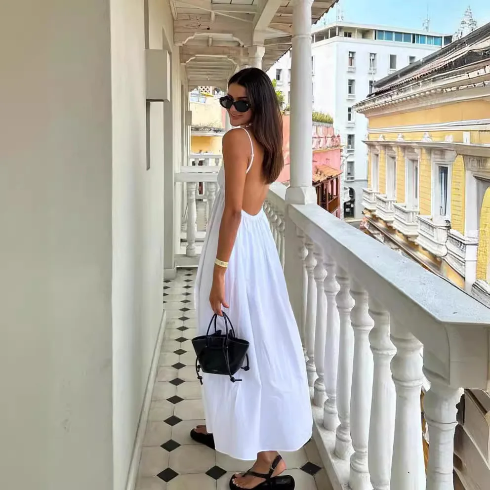 Фото Vrouwen Rugloze Midi Dress V Hals effen Bravo пуловер с высокой талией losjes vallend A-lijn rok Zomer Nieuwe Vrouw Chique jurk №2