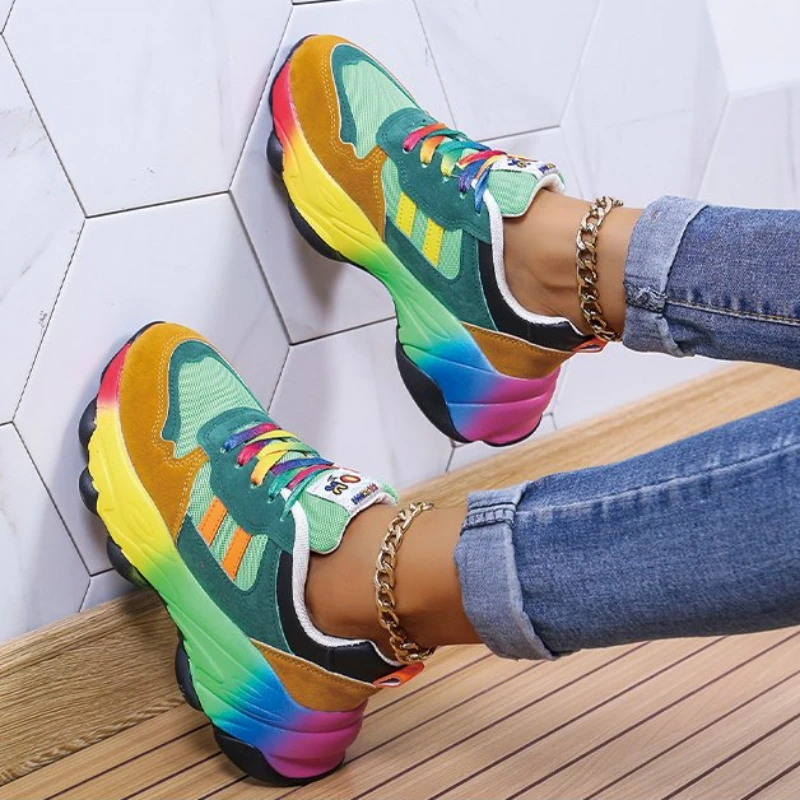 

Новая женская Вулканизированная обувь с круглым носком, цветная контрастная спортивная обувь, женская повседневная спортивная обувь на толстой подошве со шнуровкой спереди