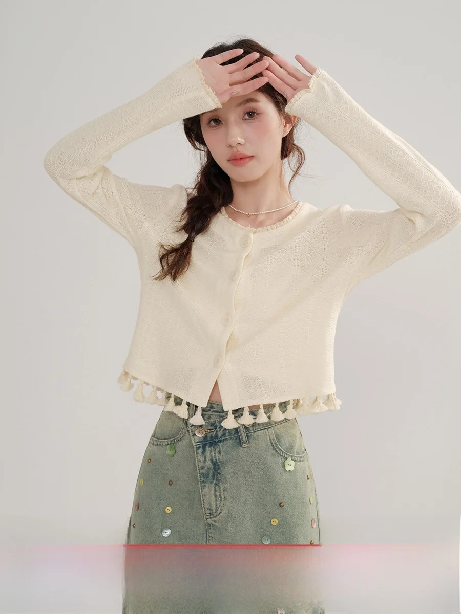 Вязаный кардиган с кисточками Mu Yi женское осеннее короткое пальто внутренняя